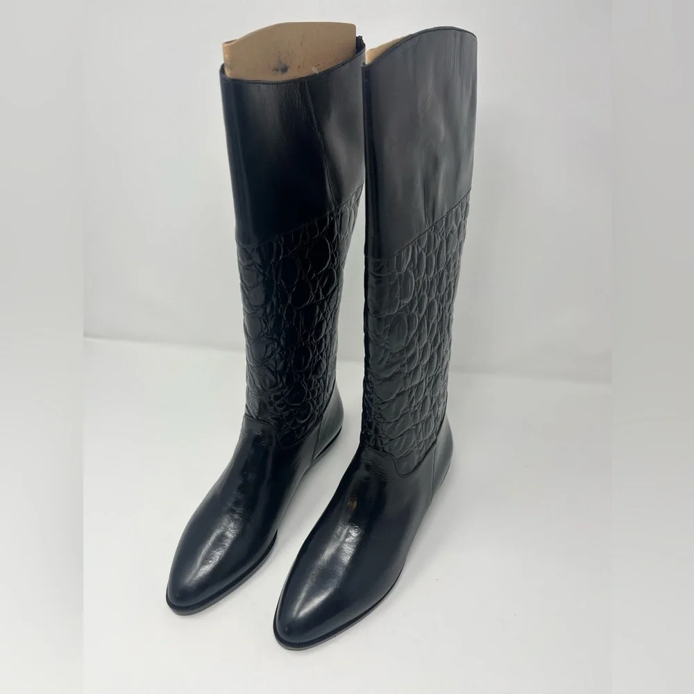 9 West Nine West Margot Black Tropic 7.5 Leather Riding Boots Textured VTG NEW